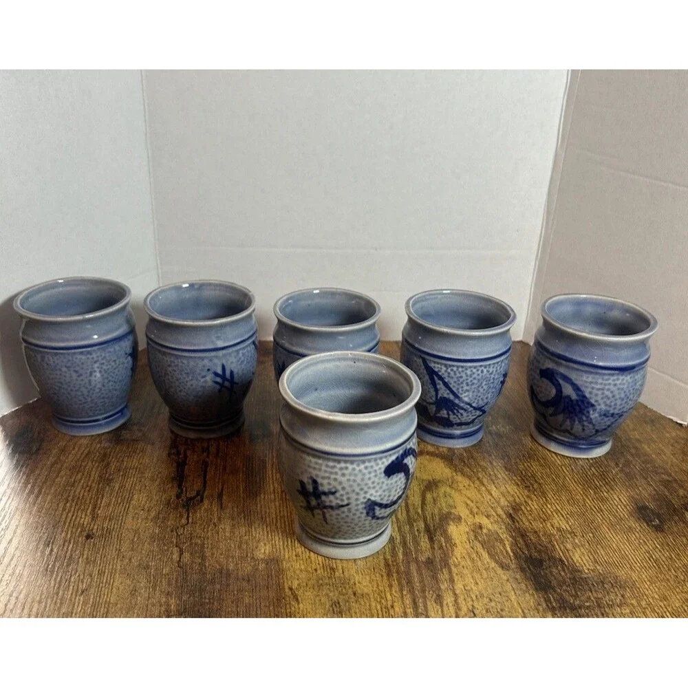 Stoneware Cups Blue Salt Glaze Swirl Tumblers Barware No Markings Wine 3.5